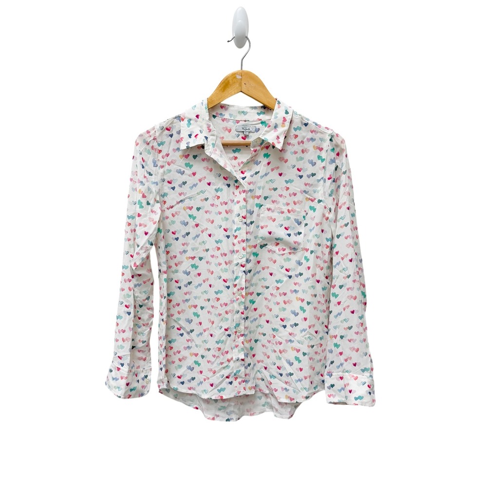 Rails Kate 100% Silk‎ Watercolor Hearts Button Down Shirt White Small - Picture 2 of 9